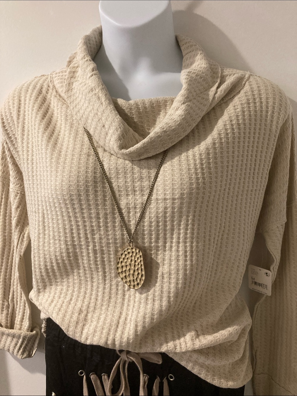Free People Cream Waffle Cowl Neck Sweater